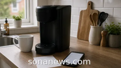 Unplugged single-serve coffee maker on a kitchen counter with a phone checklist for a recall safety check.