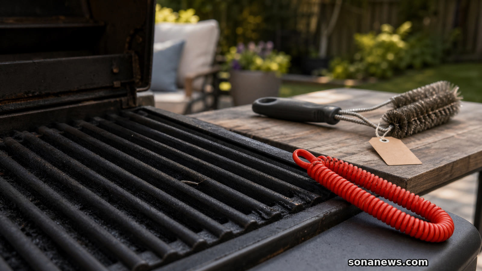 Loose wire bristle on a barbecue grate beside an unbranded grill brush during a Cuisinart recall model check.
