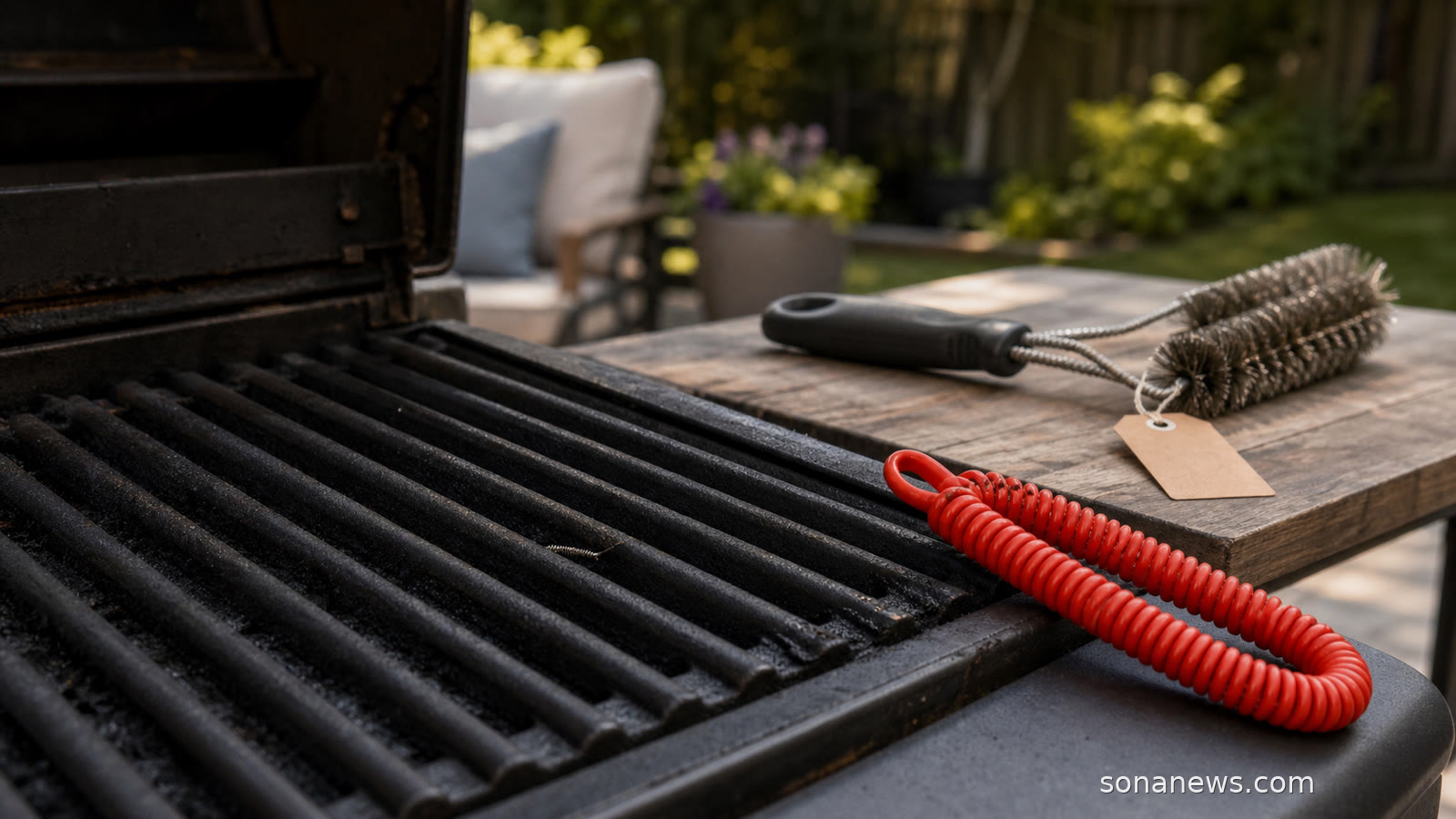 Loose wire bristle on a barbecue grate beside an unbranded grill brush during a Cuisinart recall model check.