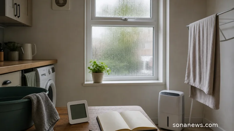 Utility corner with a hygrometer, extractor vent and dehumidifier prepared for damp-room moisture control.