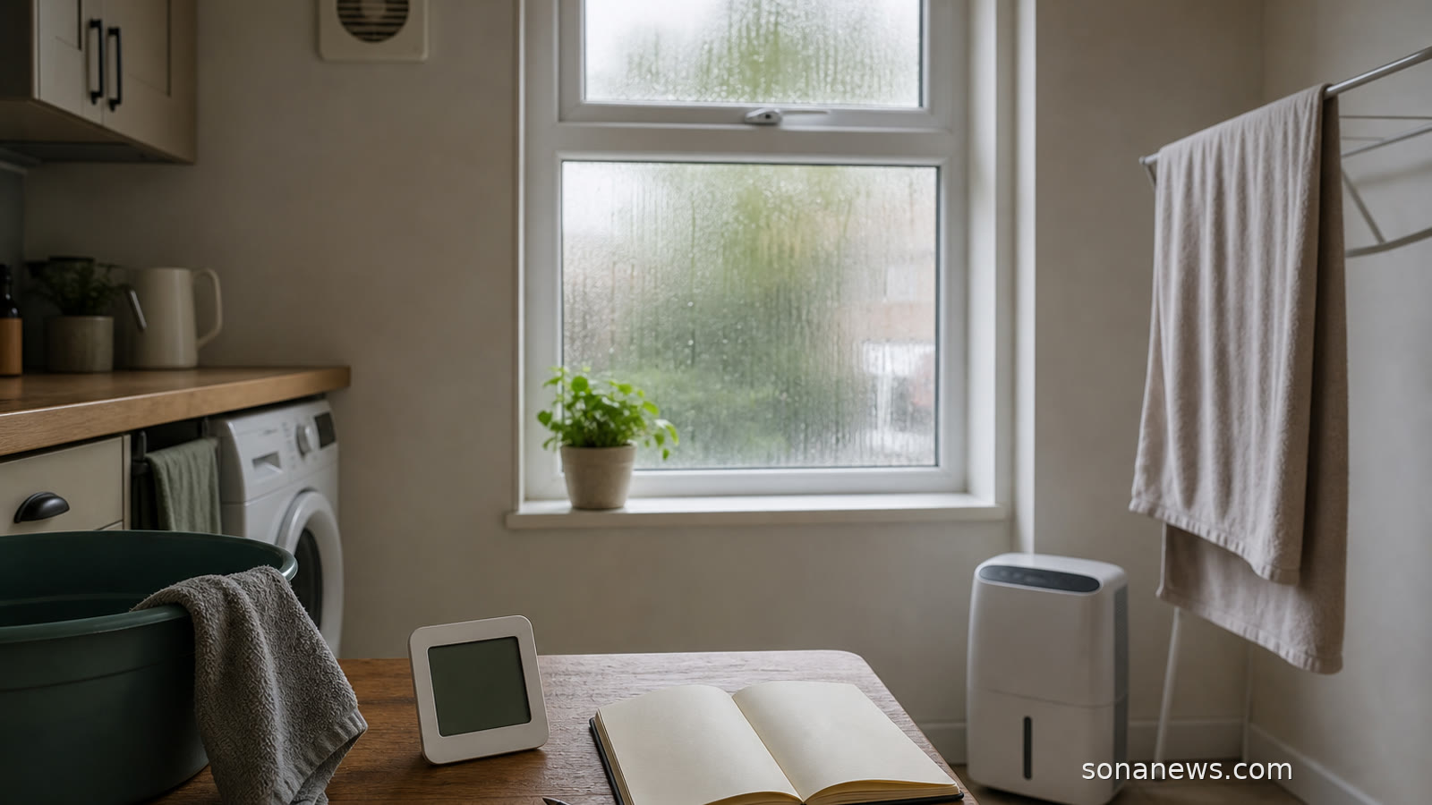 Utility corner with a hygrometer, extractor vent and dehumidifier prepared for damp-room moisture control.