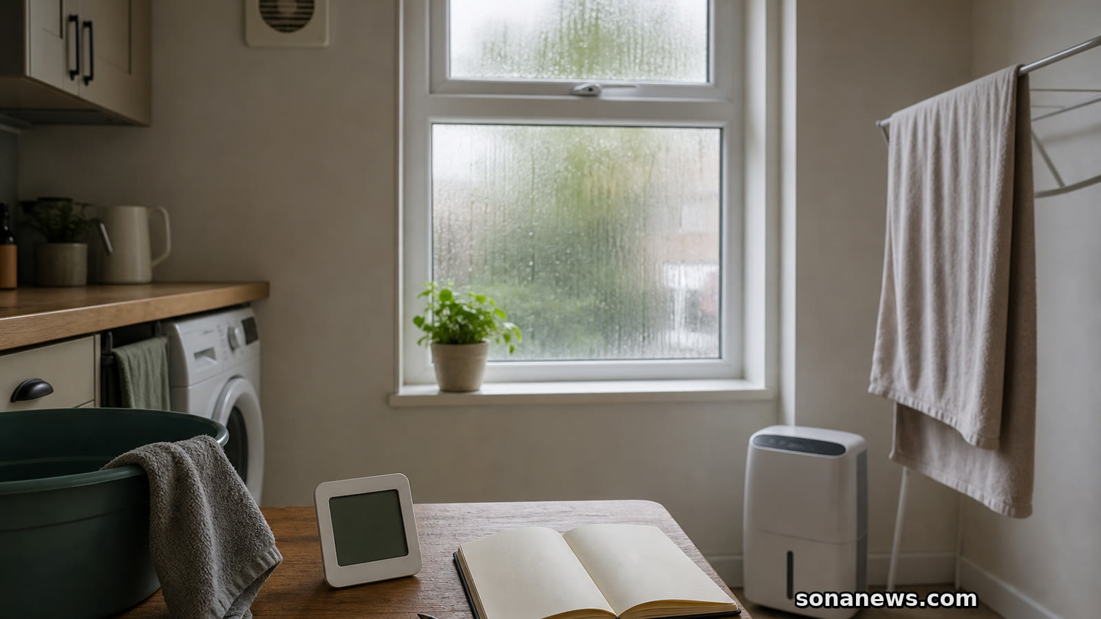 Utility corner with a hygrometer, extractor vent and dehumidifier prepared for damp-room moisture control.