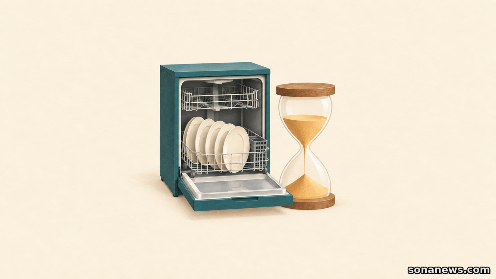Conceptual illustration of an hourglass beside an open dishwasher loaded with plates, representing the longer running time of an eco programme.