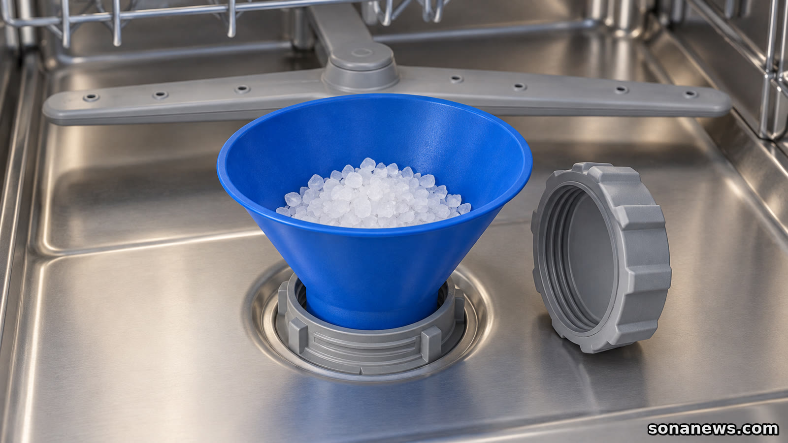 Conceptual dishwasher salt refill with coarse white granules in a blue funnel, a reservoir cap and a lower spray arm.