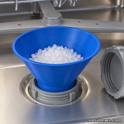 Conceptual dishwasher salt refill with coarse white granules in a blue funnel, a reservoir cap and a lower spray arm.
