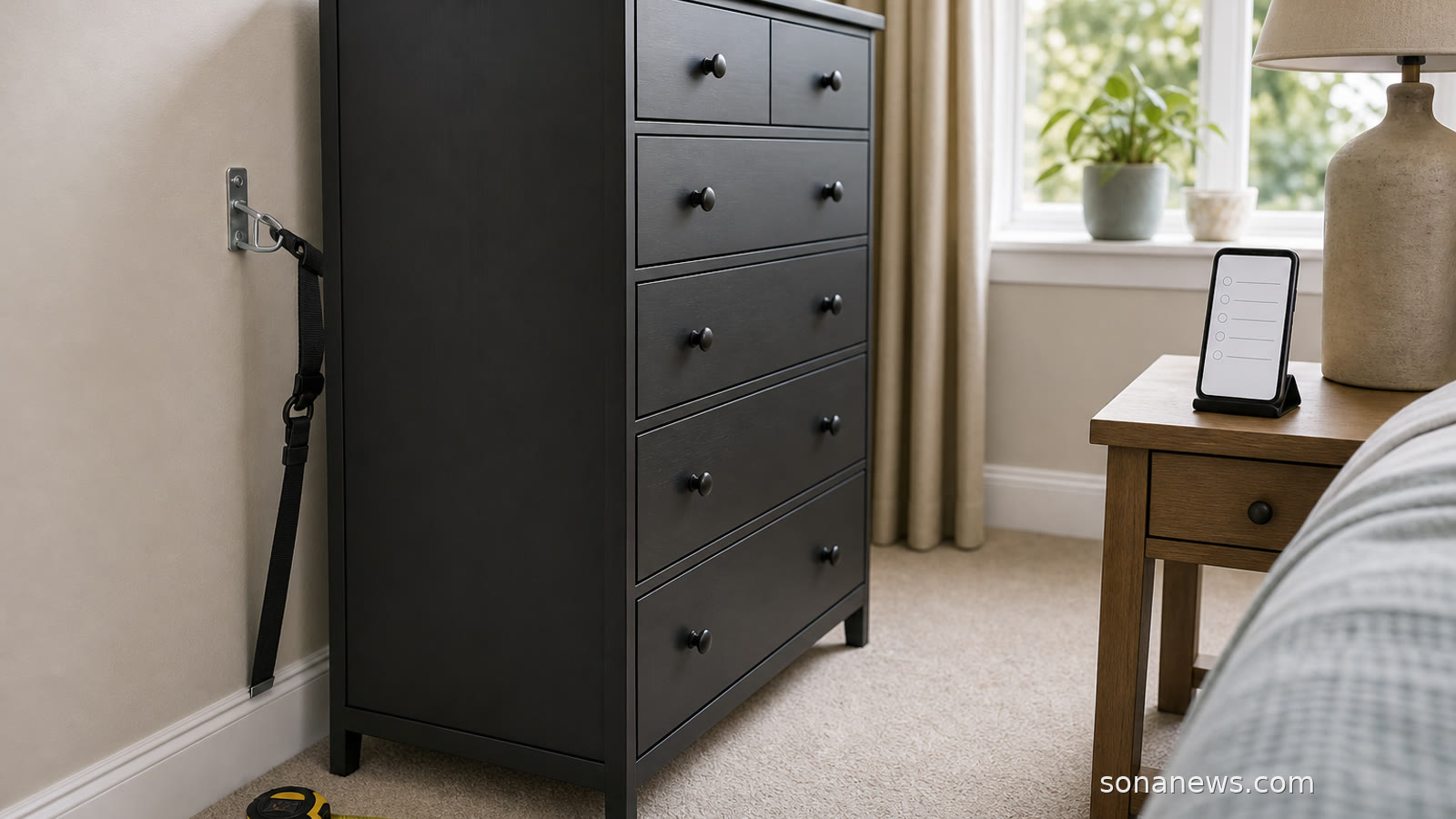 Generic black dresser pulled from a bedroom wall with an anti-tip bracket and recall checklist nearby.