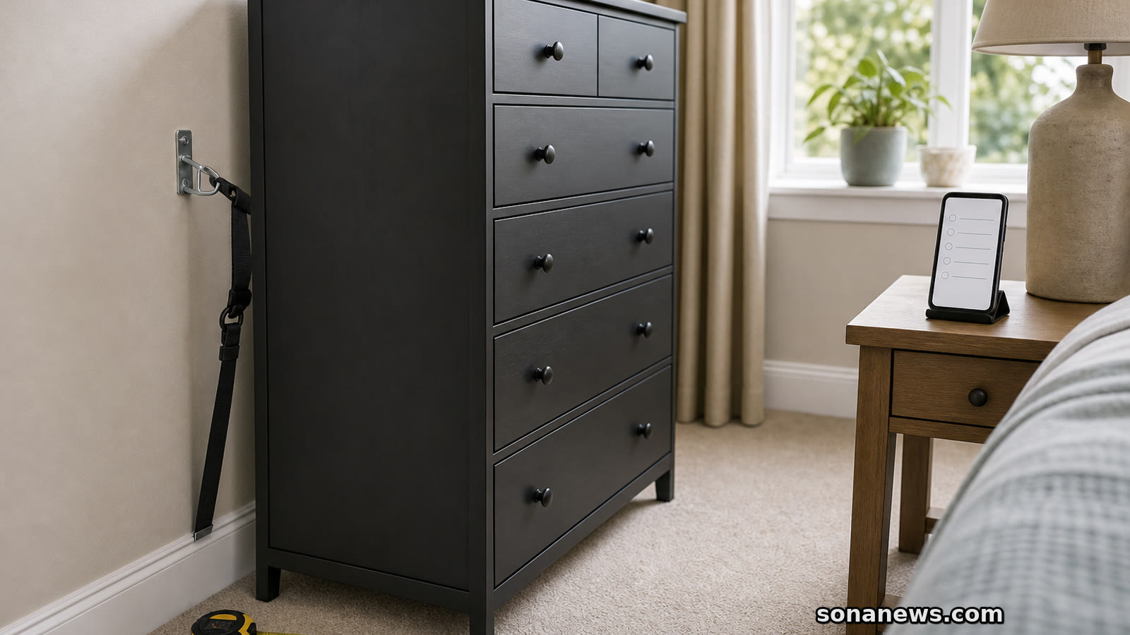 Generic black dresser pulled from a bedroom wall with an anti-tip bracket and recall checklist nearby.