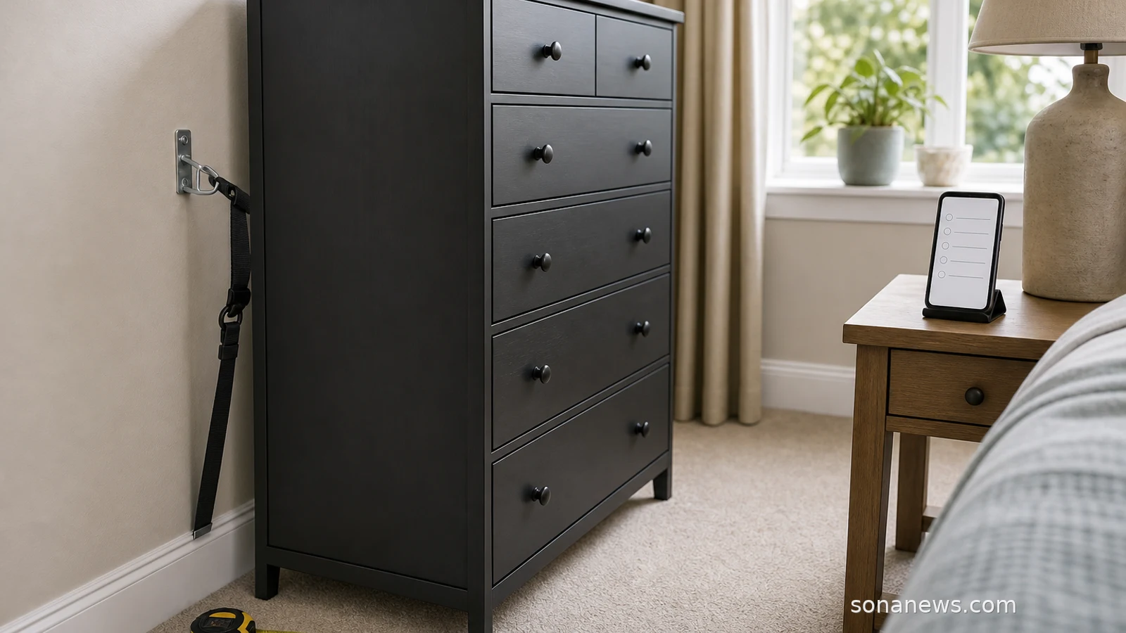 Generic black dresser pulled from a bedroom wall with an anti-tip bracket and recall checklist nearby.