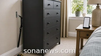 Generic black dresser pulled from a bedroom wall with an anti-tip bracket and recall checklist nearby.