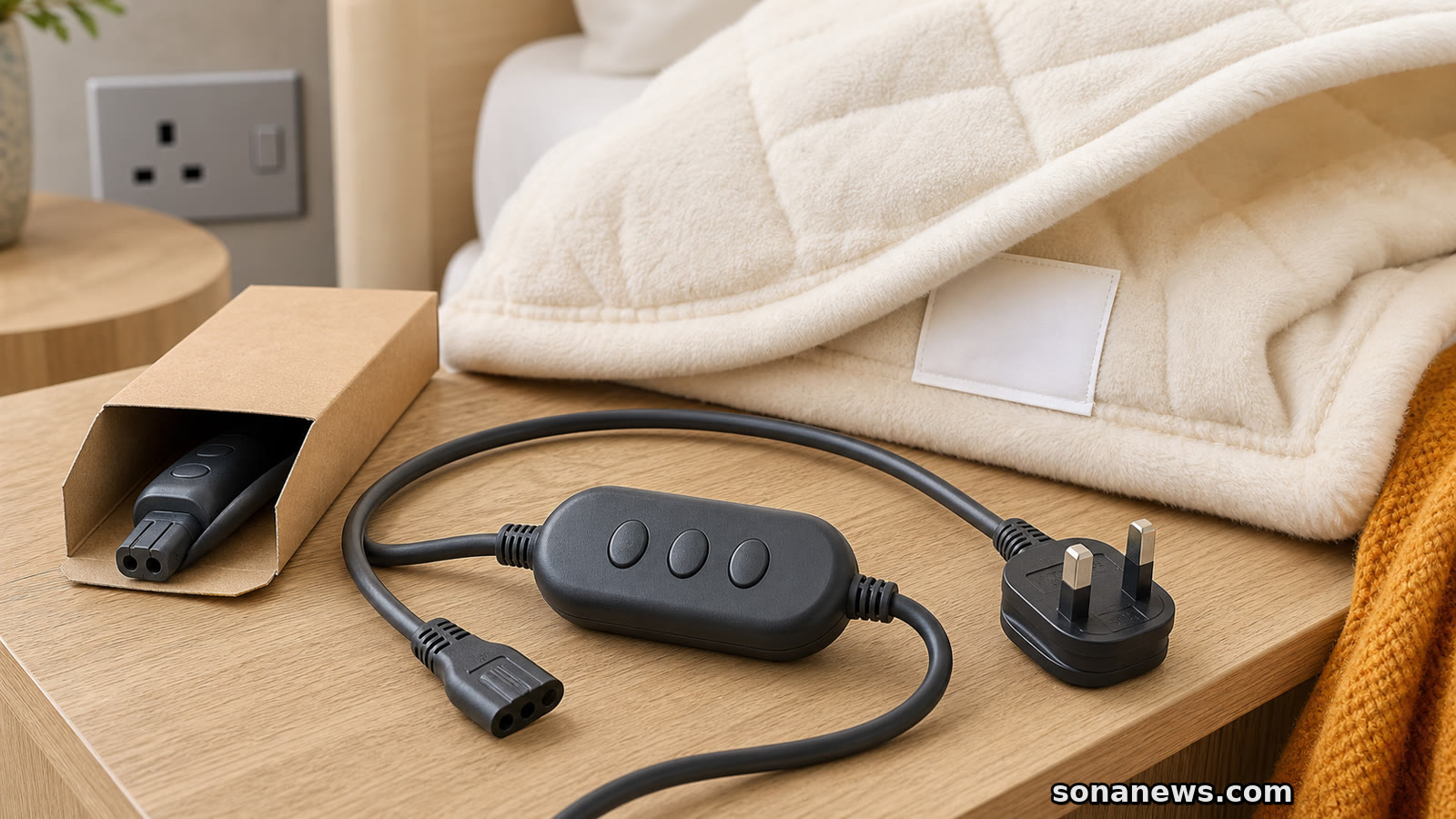 Unplugged electric blanket cable and inline controller beside a care label and replacement sleeve for the Dunelm batch check.