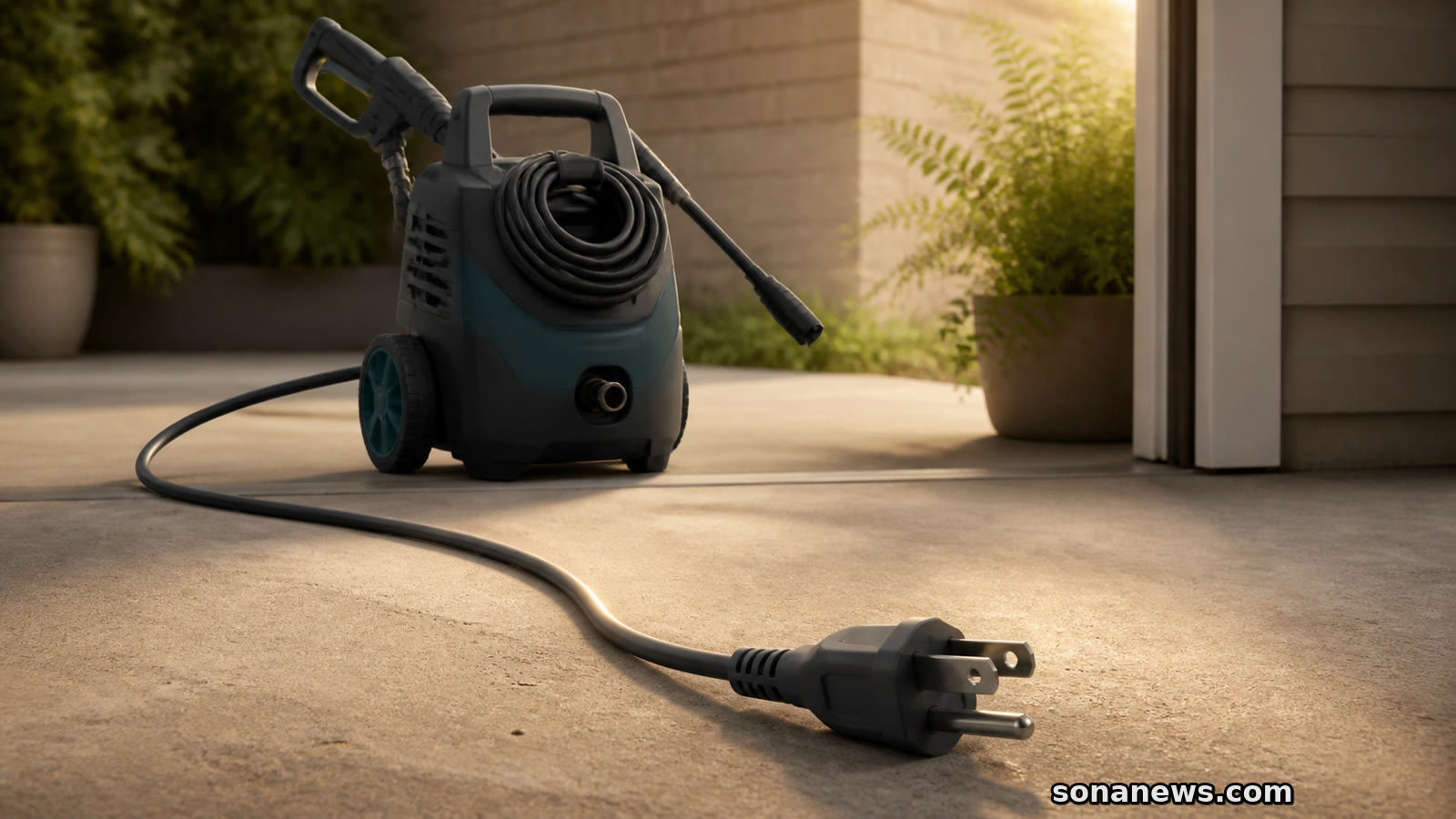 Unbranded electric pressure washer with a coiled hose and disconnected power cord on a dry patio.