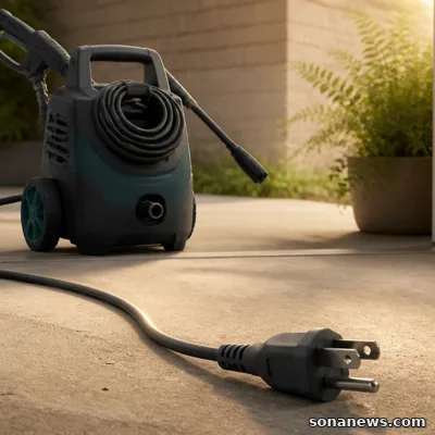 Unbranded electric pressure washer with a coiled hose and disconnected power cord on a dry patio.