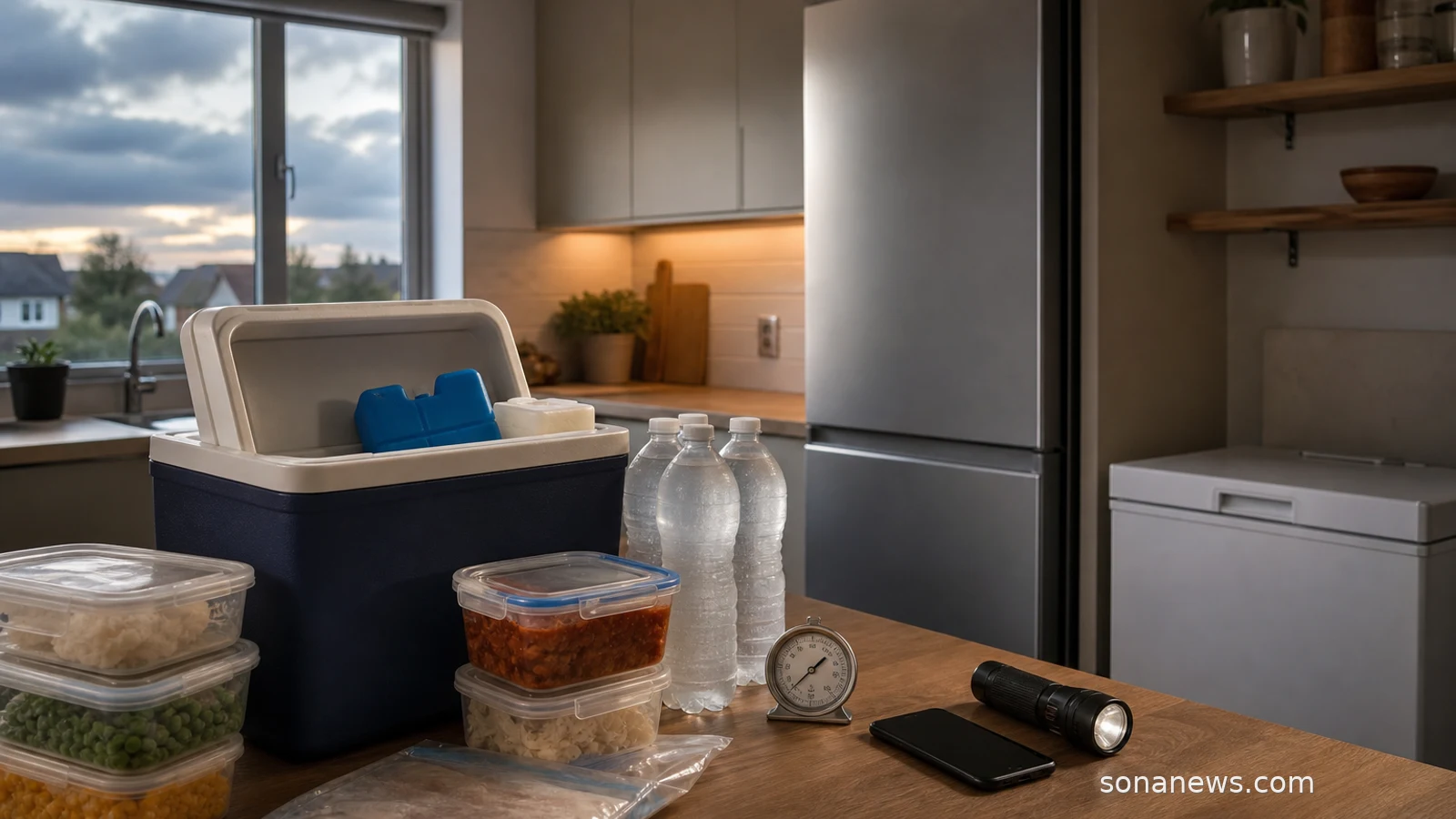 Kitchen counter with appliance thermometer, cooler, ice packs and closed fridge prepared for a power cut.