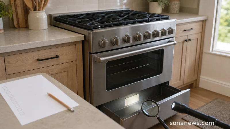 A gas range oven drawer opened for a recall model and serial number label check in a quiet kitchen.