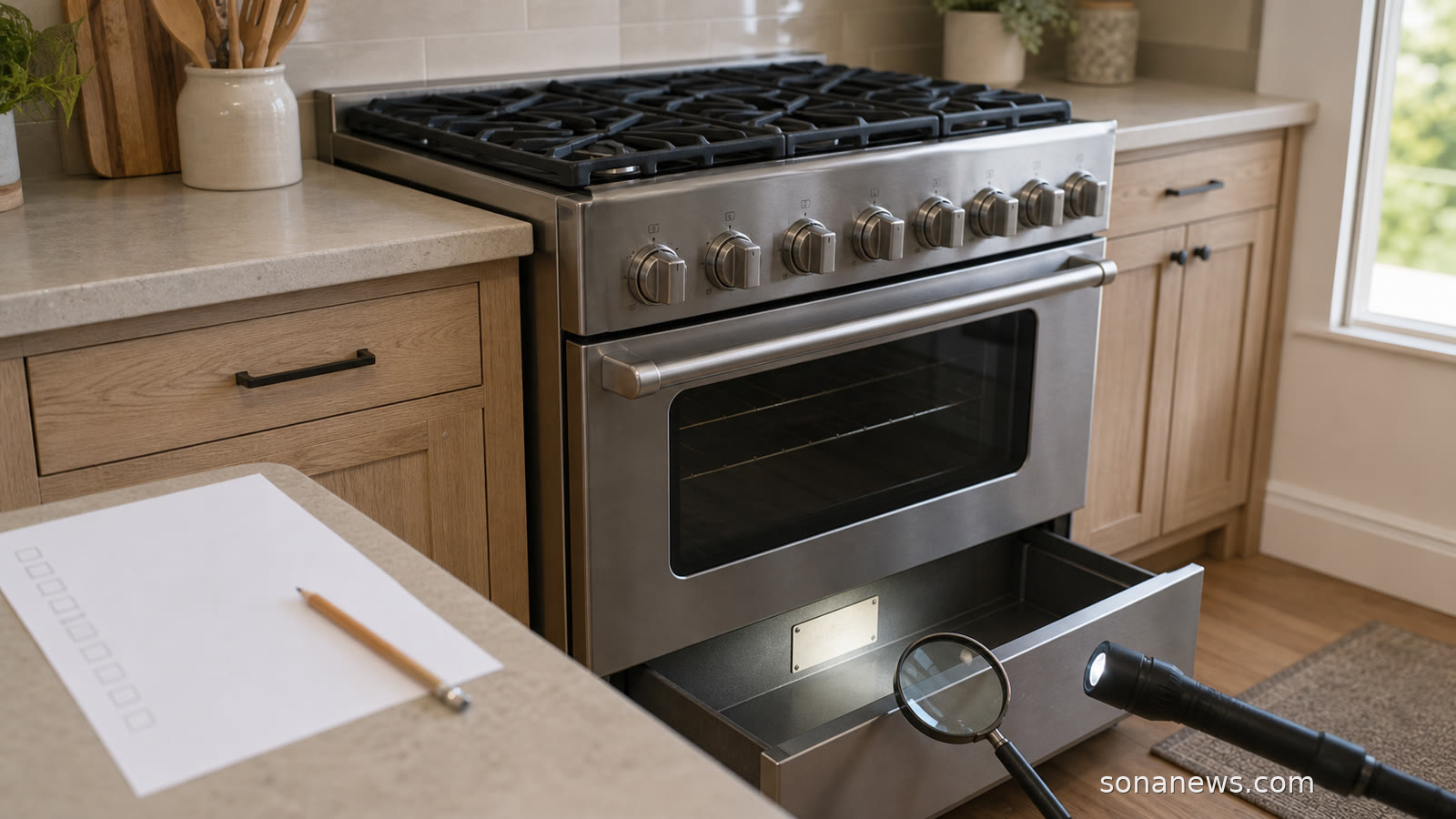A gas range oven drawer opened for a recall model and serial number label check in a quiet kitchen.