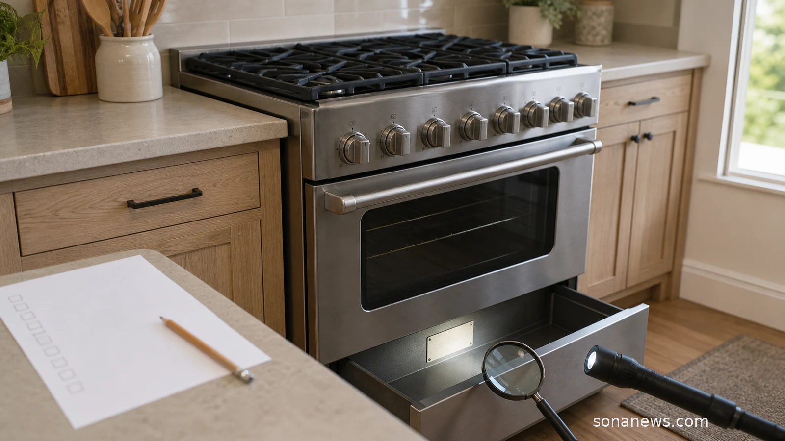 A gas range oven drawer opened for a recall model and serial number label check in a quiet kitchen.