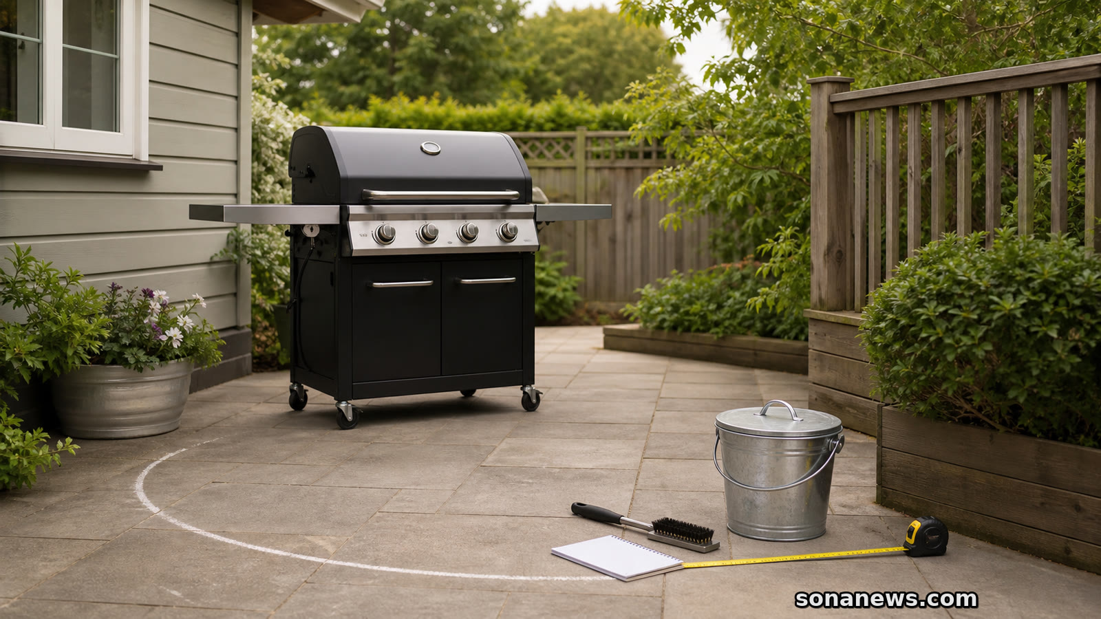 A backyard grill set away from siding and deck railings for a summer grill safety zone.