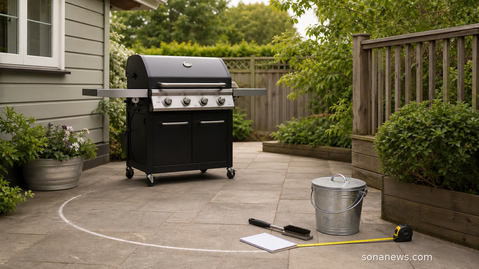 A backyard grill set away from siding and deck railings for a summer grill safety zone.
