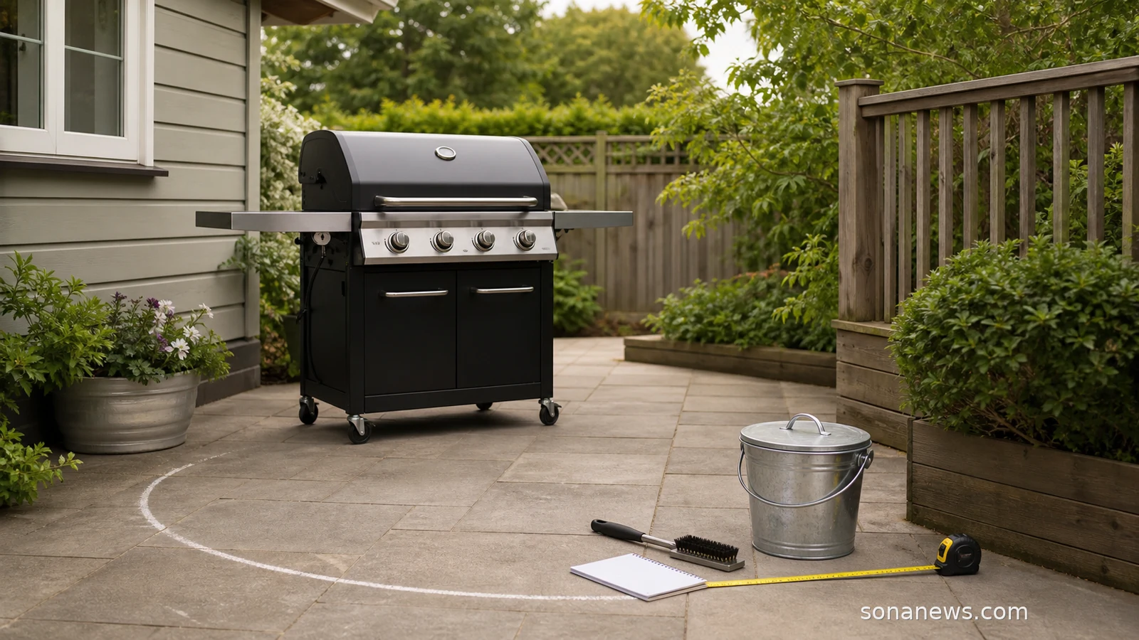 A backyard grill set away from siding and deck railings for a summer grill safety zone.