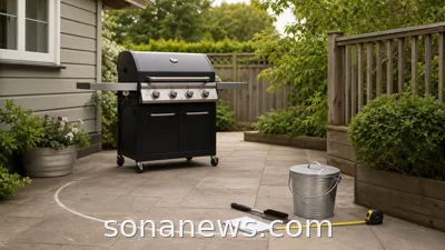 A backyard grill set away from siding and deck railings for a summer grill safety zone.