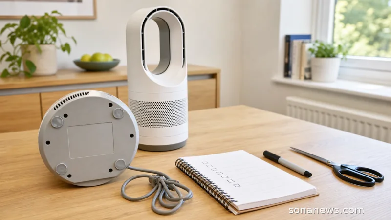 A generic unplugged hot-cool fan on a home table with a blank label area, cord, marker and checklist for a recall safety check.
