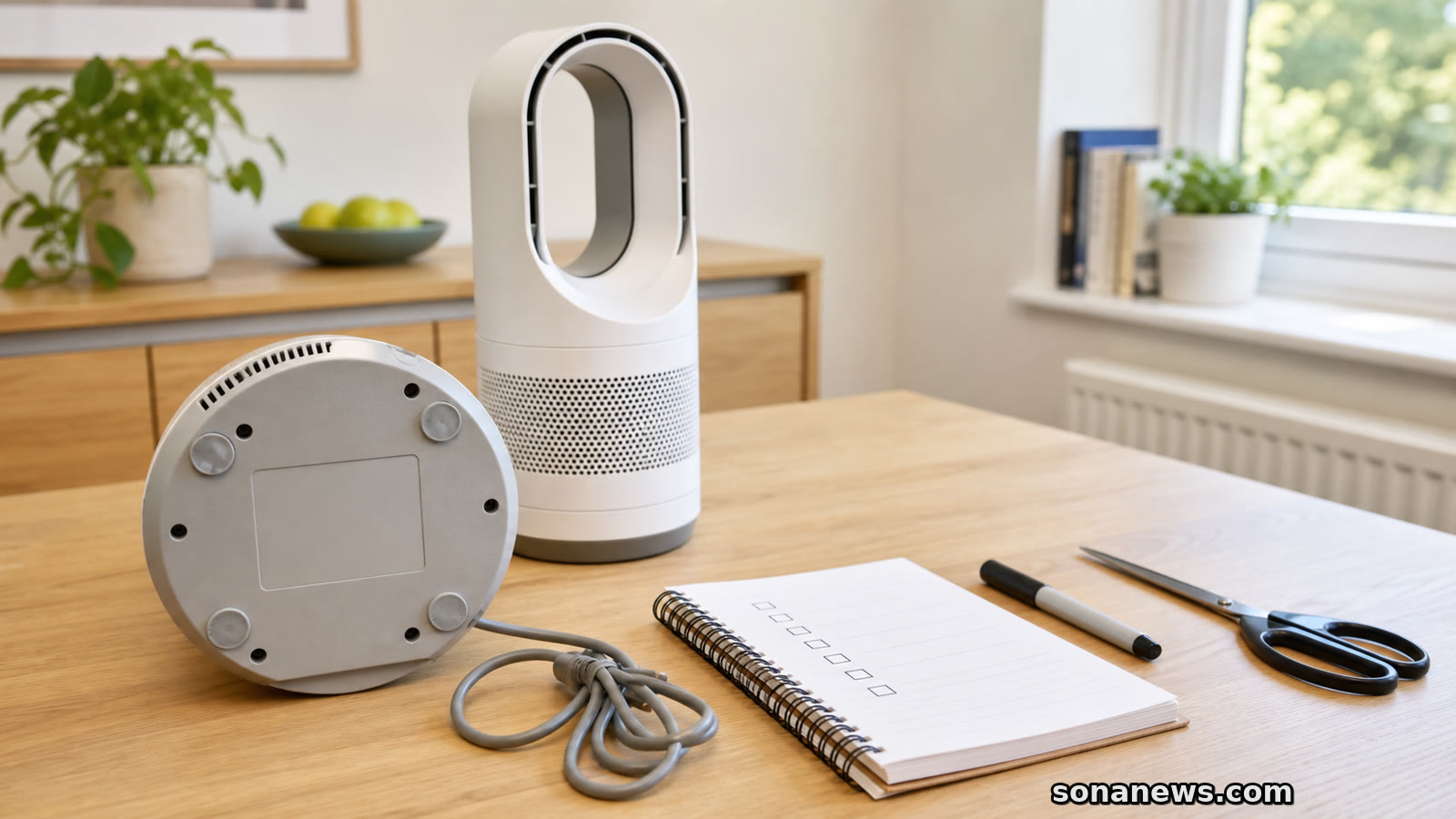A generic unplugged hot-cool fan on a home table with a blank label area, cord, marker and checklist for a recall safety check.
