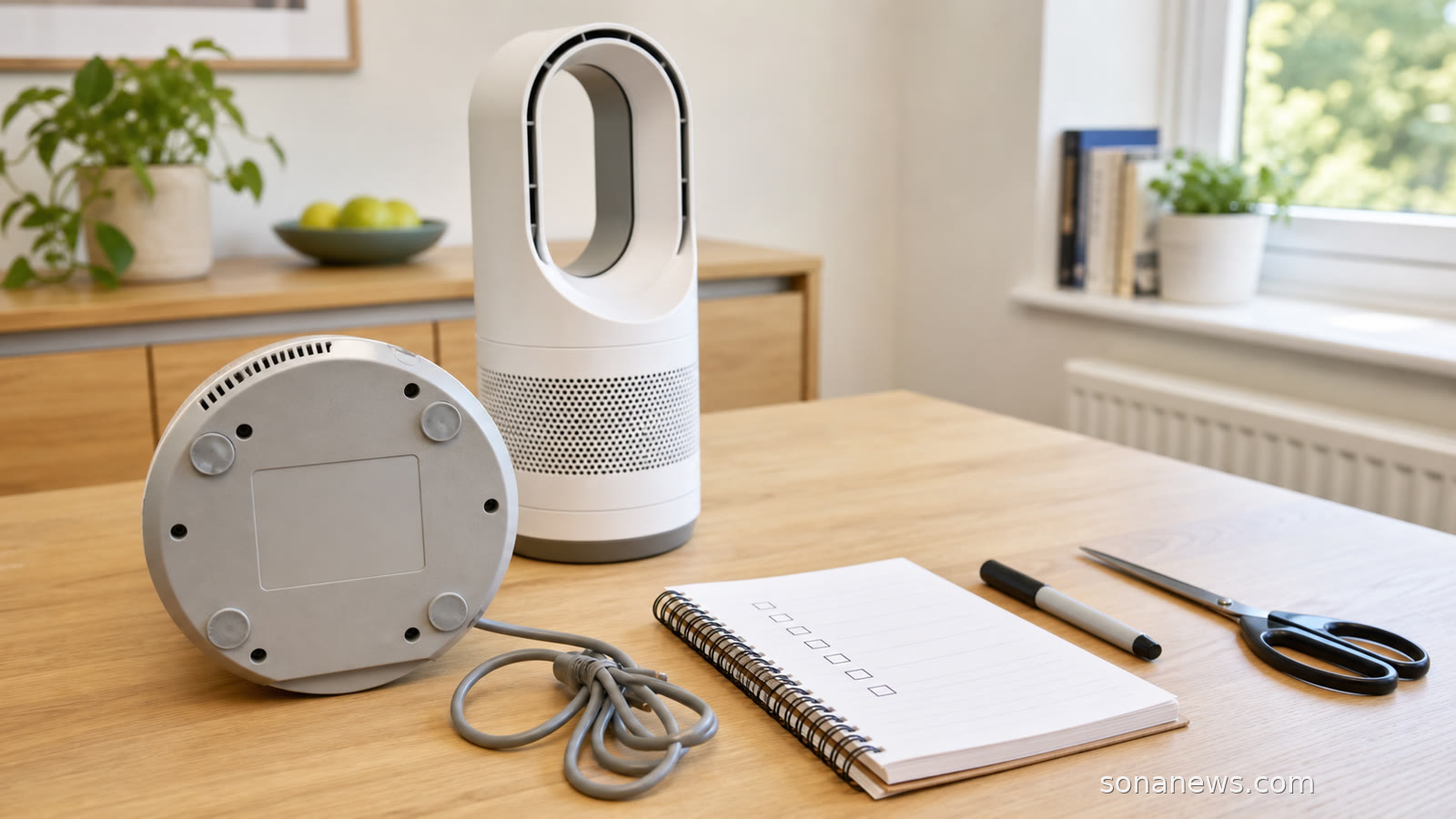 A generic unplugged hot-cool fan on a home table with a blank label area, cord, marker and checklist for a recall safety check.