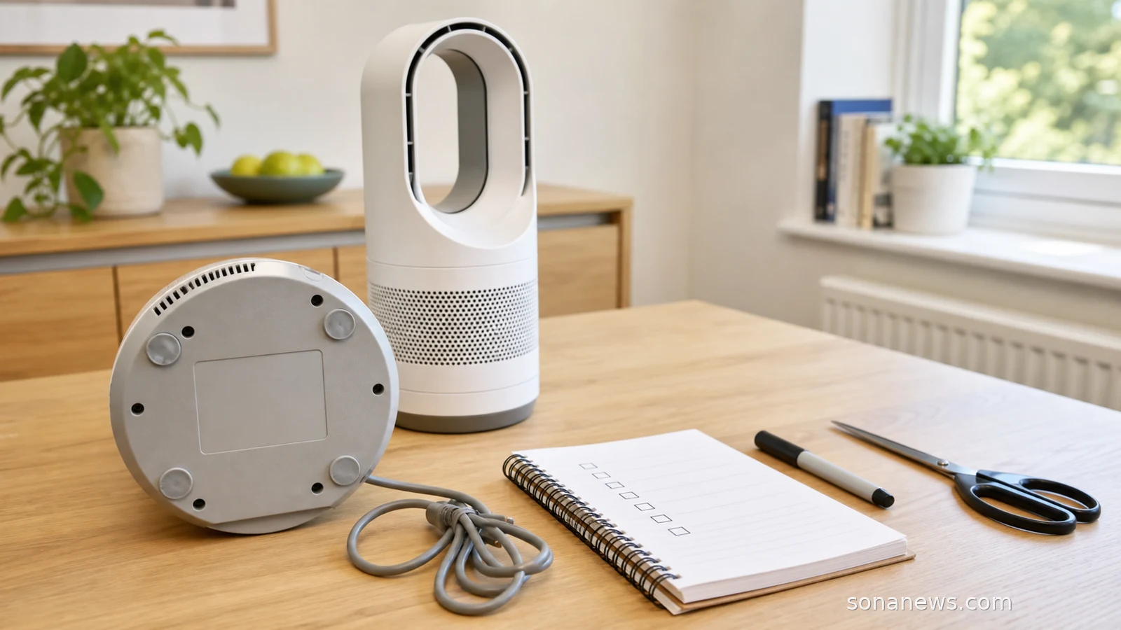 A generic unplugged hot-cool fan on a home table with a blank label area, cord, marker and checklist for a recall safety check.