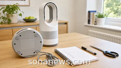 A generic unplugged hot-cool fan on a home table with a blank label area, cord, marker and checklist for a recall safety check.