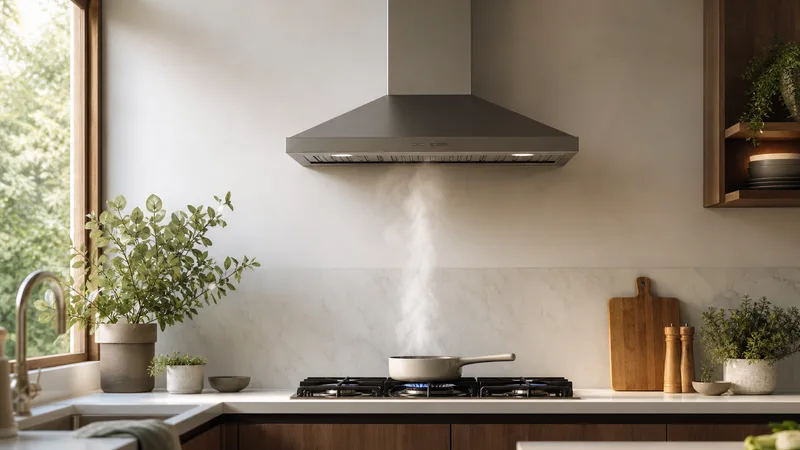 A range hood above a kitchen hob with light steam rising from a pan in a calm home setting.