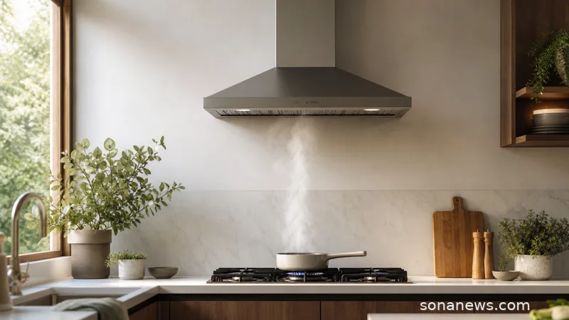 Range hood above a kitchen hob with steam from a pan, illustrating home ventilation and kitchen fan upgrades for summer comfort.