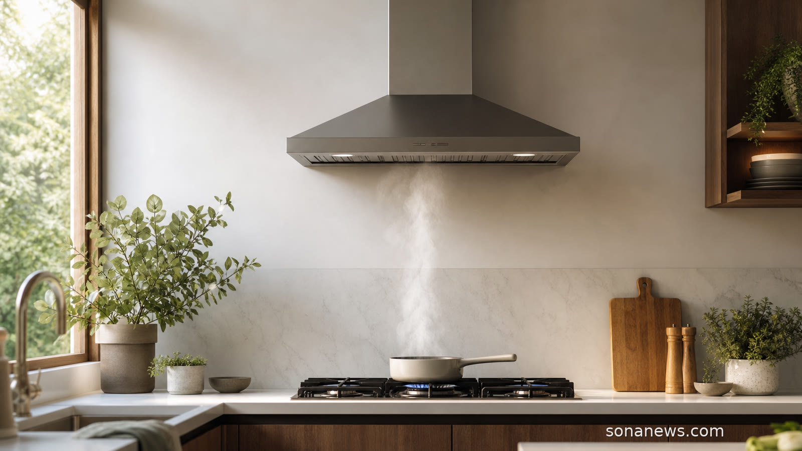 Range hood above a kitchen hob with steam from a pan, illustrating home ventilation and kitchen fan upgrades for summer comfort.