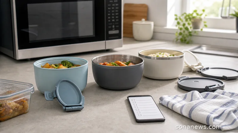 Generic thermal bowls and detachable lids beside a closed microwave during a kitchen safety check.