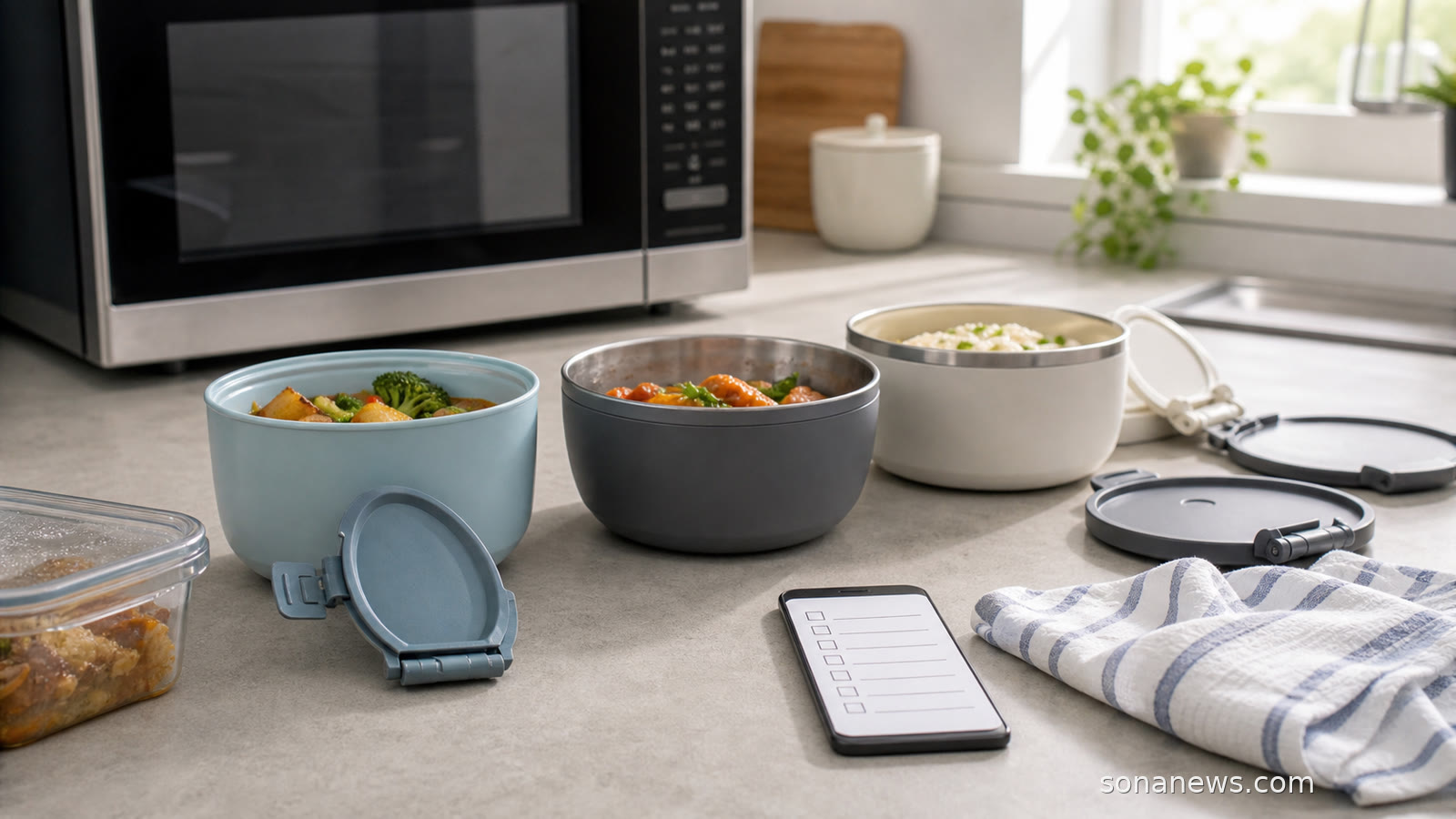 Generic thermal bowls and detachable lids beside a closed microwave during a kitchen safety check.