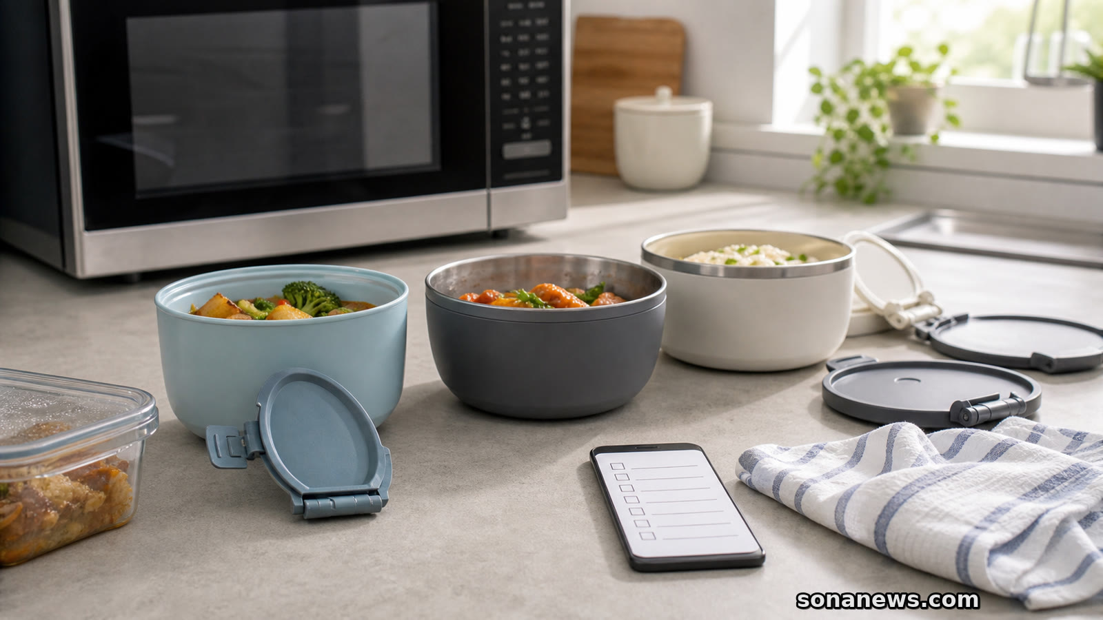 Generic thermal bowls and detachable lids beside a closed microwave during a kitchen safety check.