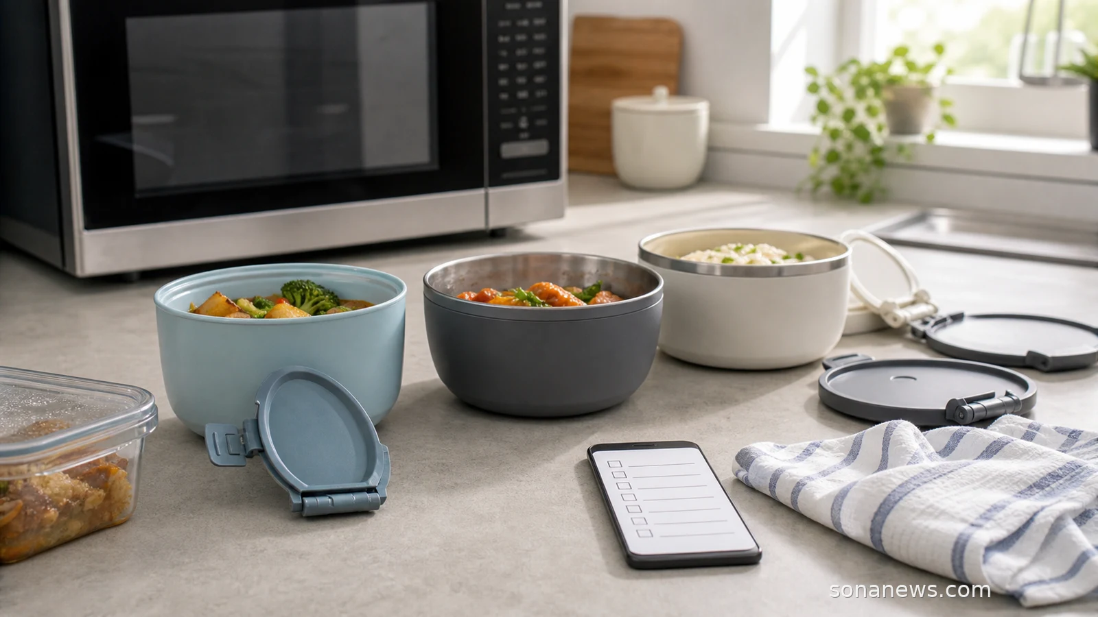 Generic thermal bowls and detachable lids beside a closed microwave during a kitchen safety check.