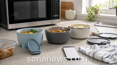 Generic thermal bowls and detachable lids beside a closed microwave during a kitchen safety check.