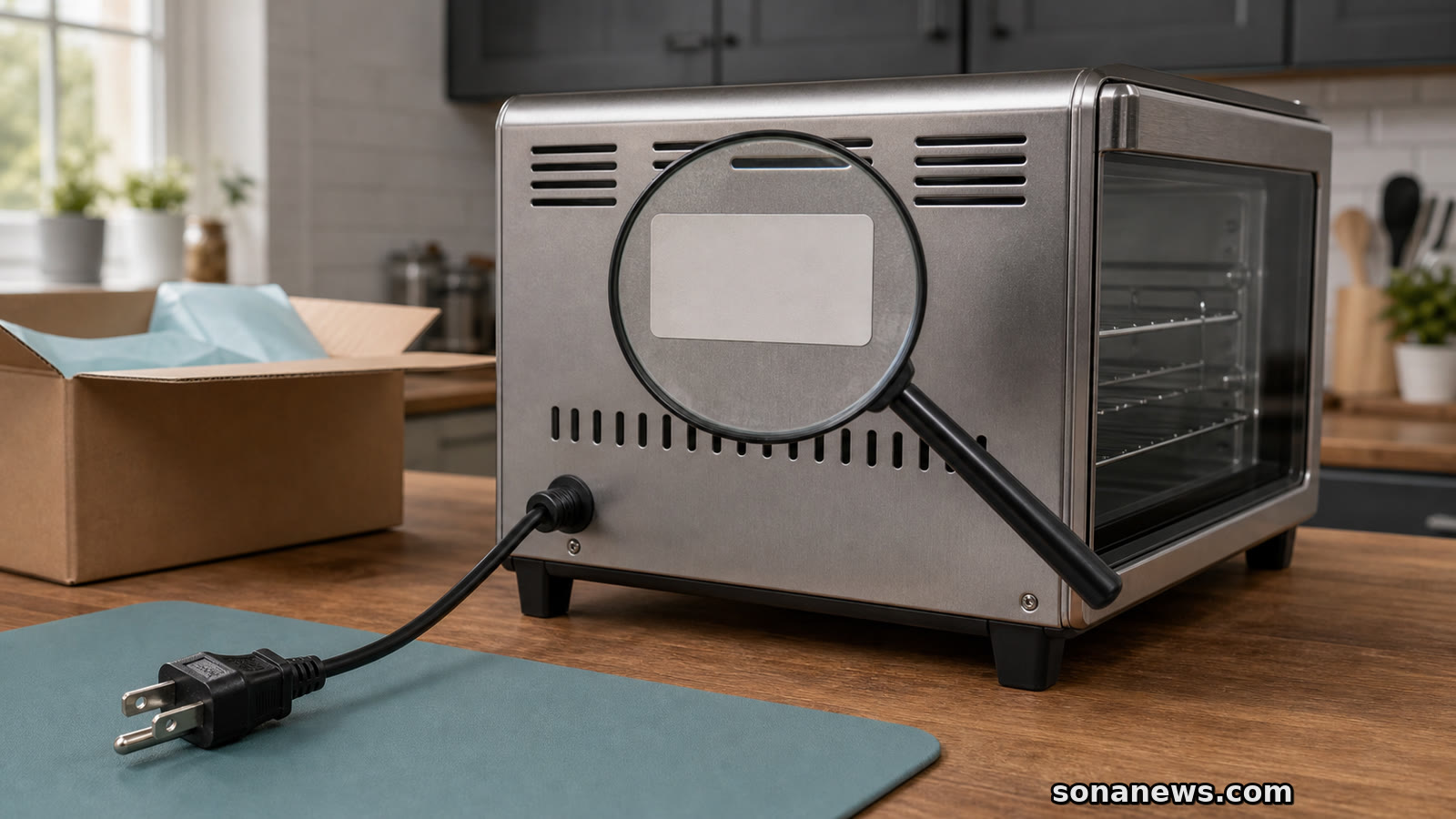 Unbranded stainless toaster oven turned towards its rear label with the unplugged cord ready for a Panasonic recall check.