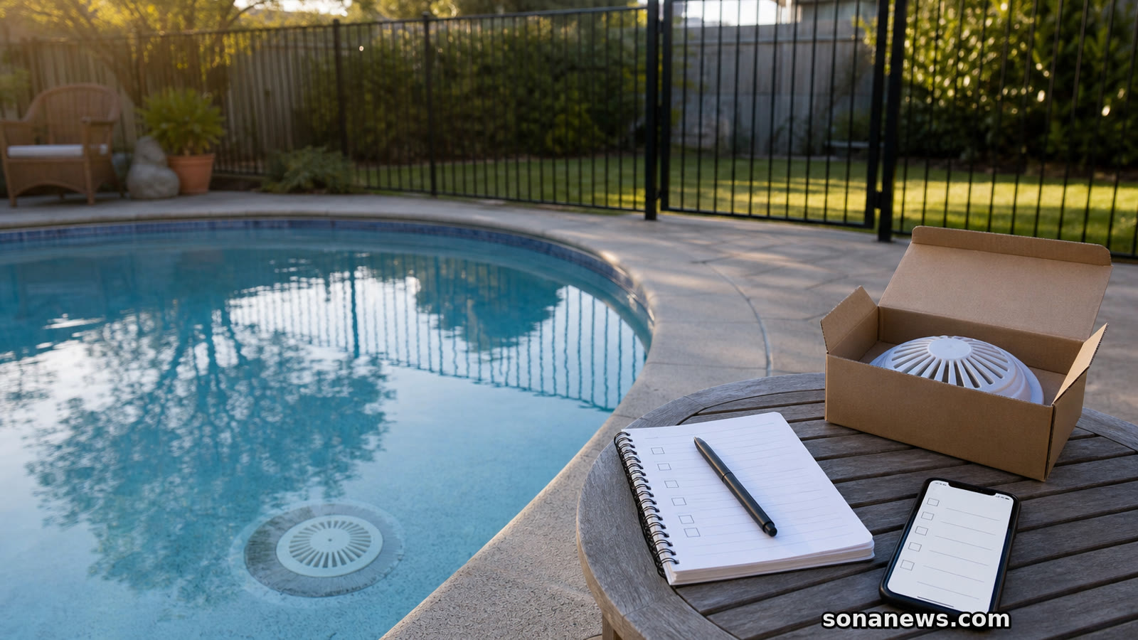 Backyard pool with a closed safety gate, visible drain cover and pool safety checklist before the first swim.
