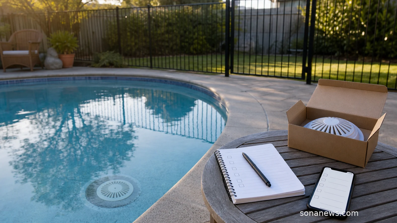 Backyard pool with a closed safety gate, visible drain cover and pool safety checklist before the first swim.