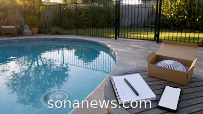 Backyard pool with a closed safety gate, visible drain cover and pool safety checklist before the first swim.
