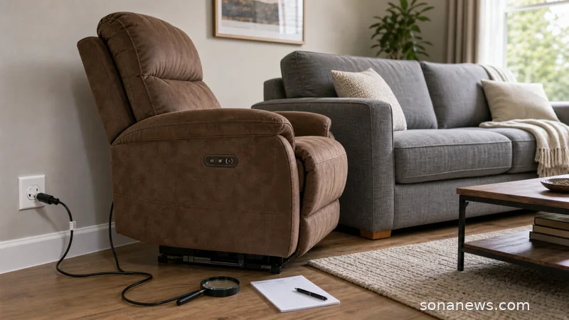 A powered recliner switch check in a living room with an unplugged cord and model checklist.