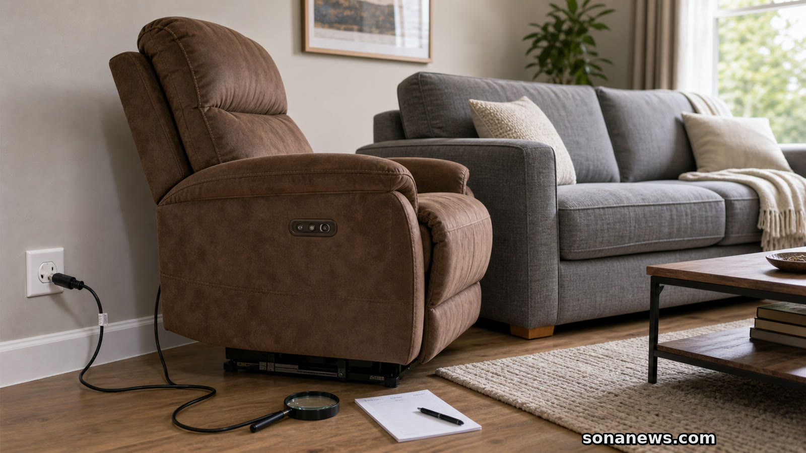 A powered recliner switch check in a living room with an unplugged cord and model checklist.
