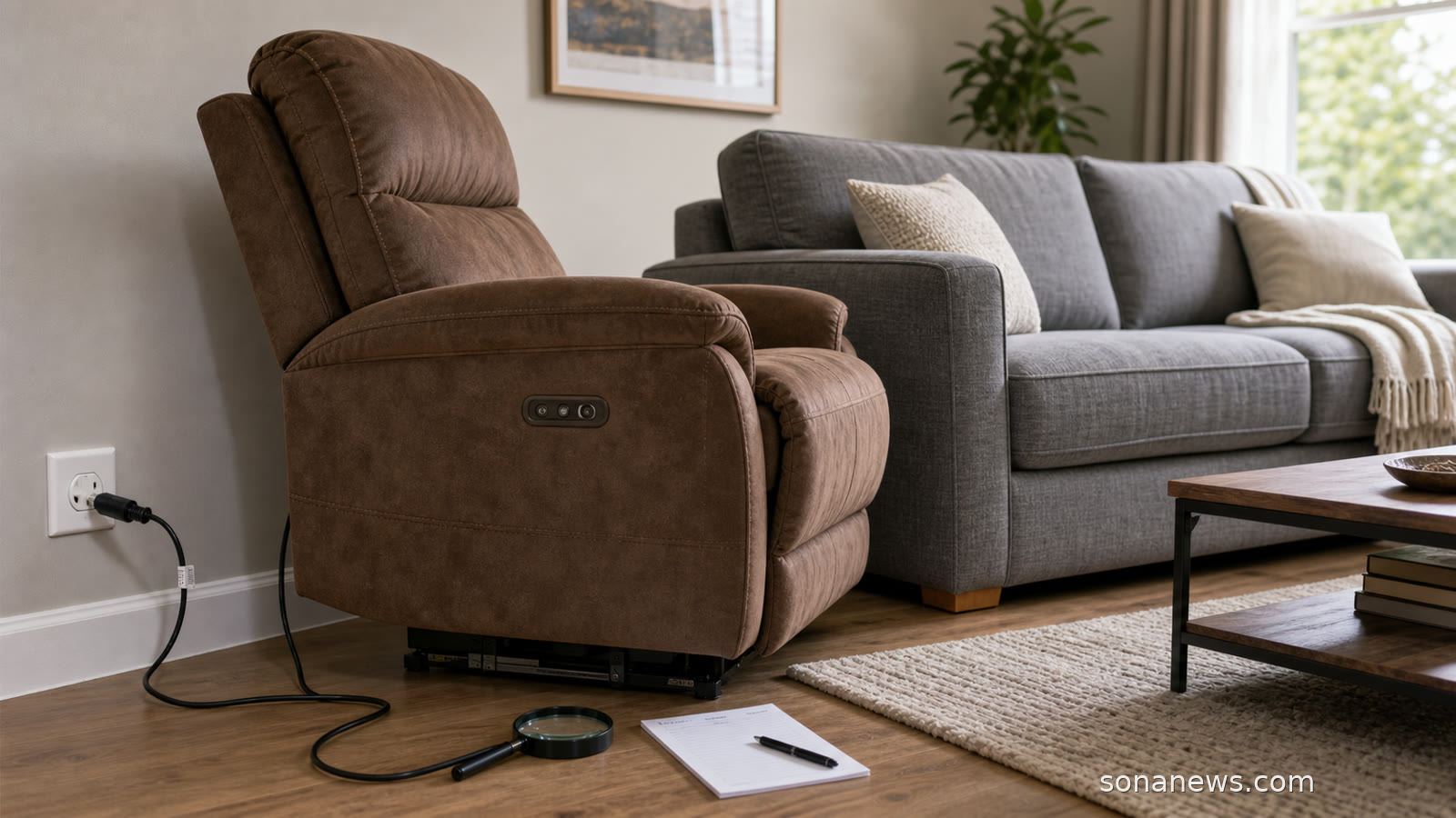 A powered recliner switch check in a living room with an unplugged cord and model checklist.