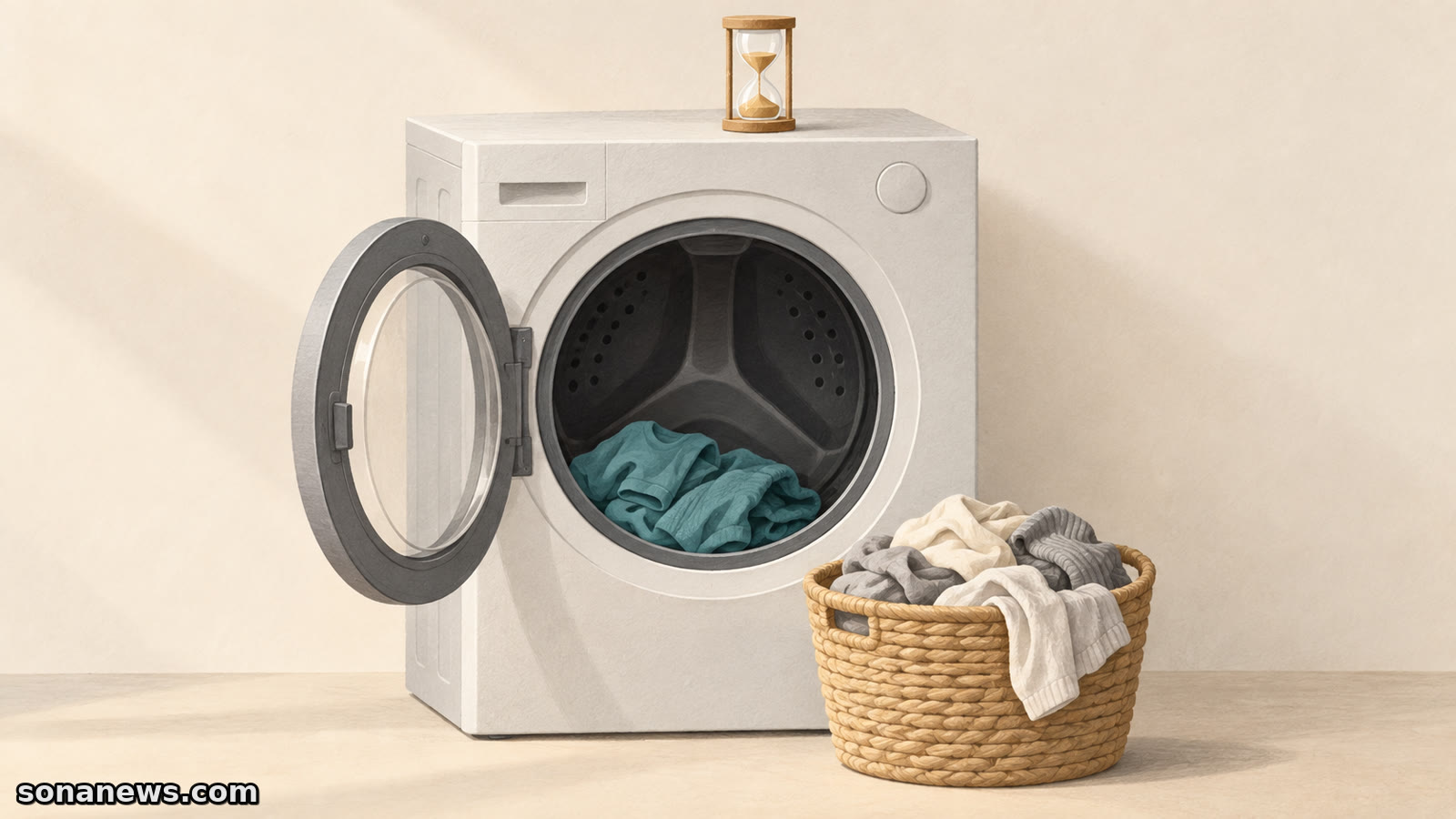 Conceptual illustration of a small washing-machine load, a separate laundry basket and a timer, representing quick-wash capacity limits.