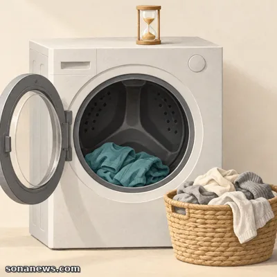 Conceptual illustration of a small washing-machine load, a separate laundry basket and a timer, representing quick-wash capacity limits.