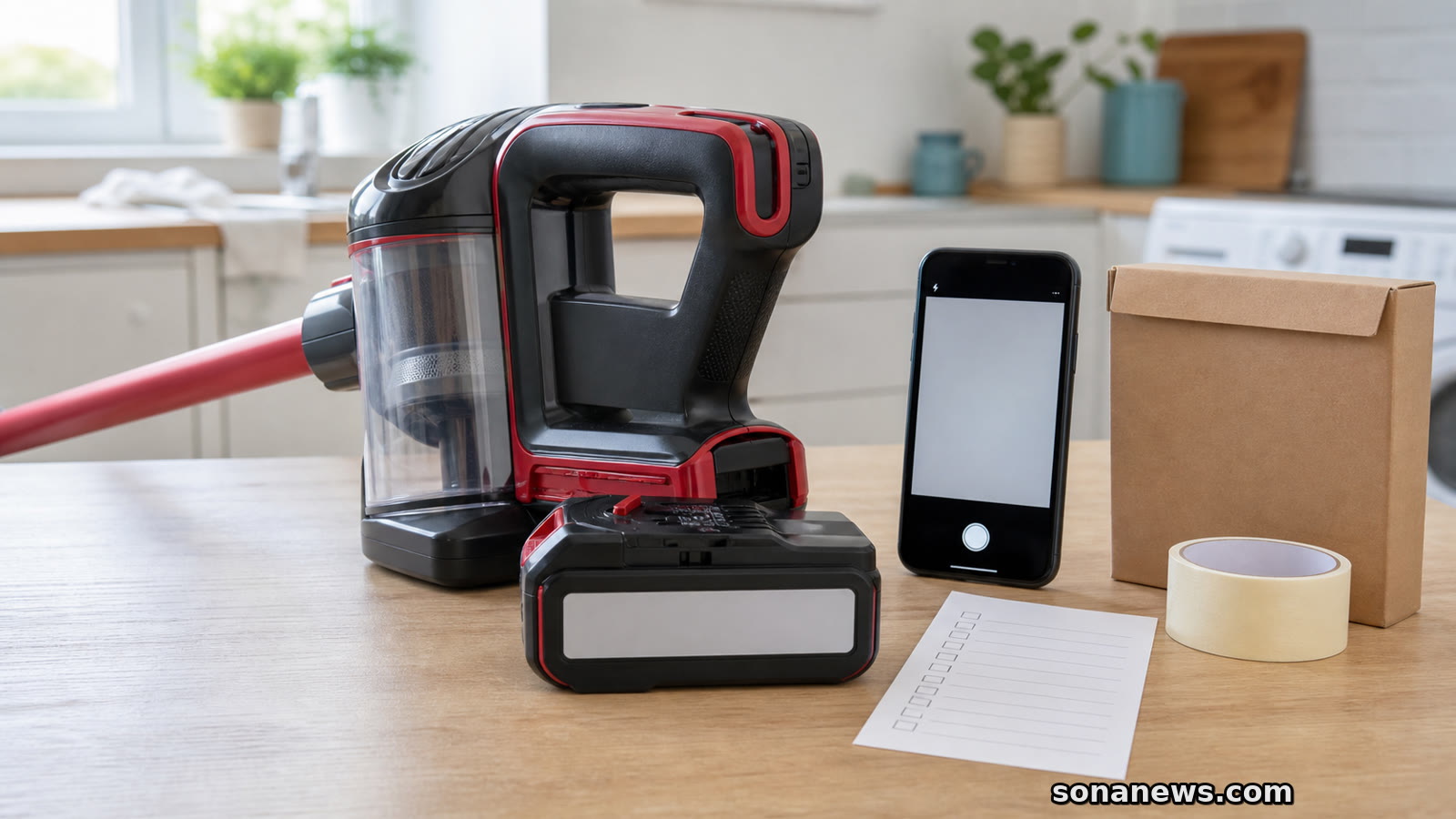 Generic cordless stick vacuum battery partly removed on a utility table for a Rowenta X-Force recall date-code check.