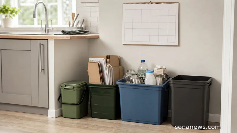 Kitchen recycling station with a food caddy, stacked paper and mixed containers for England's Simpler Recycling bin-day routine.