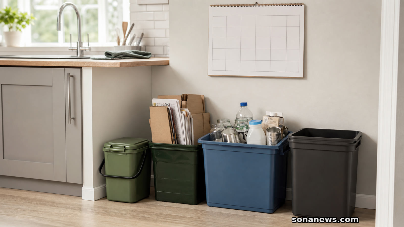 Kitchen recycling station with a food caddy, stacked paper and mixed containers for England's Simpler Recycling bin-day routine.