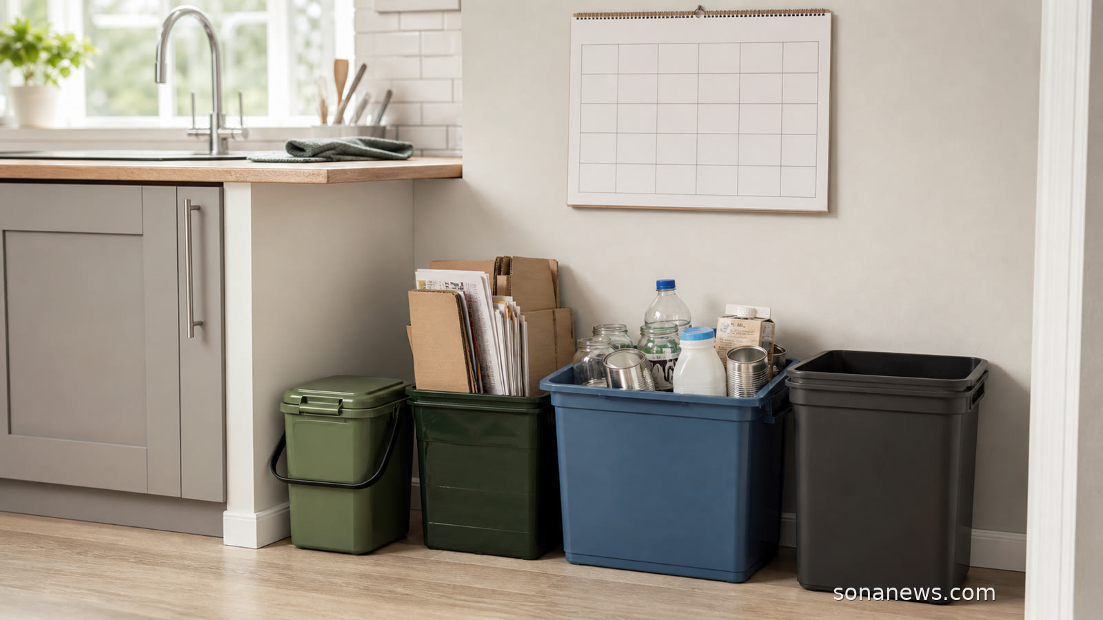 Kitchen recycling station with a food caddy, stacked paper and mixed containers for England's Simpler Recycling bin-day routine.